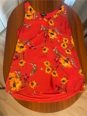 Express Coral Red Floral Tie-Front Sleeveless Top